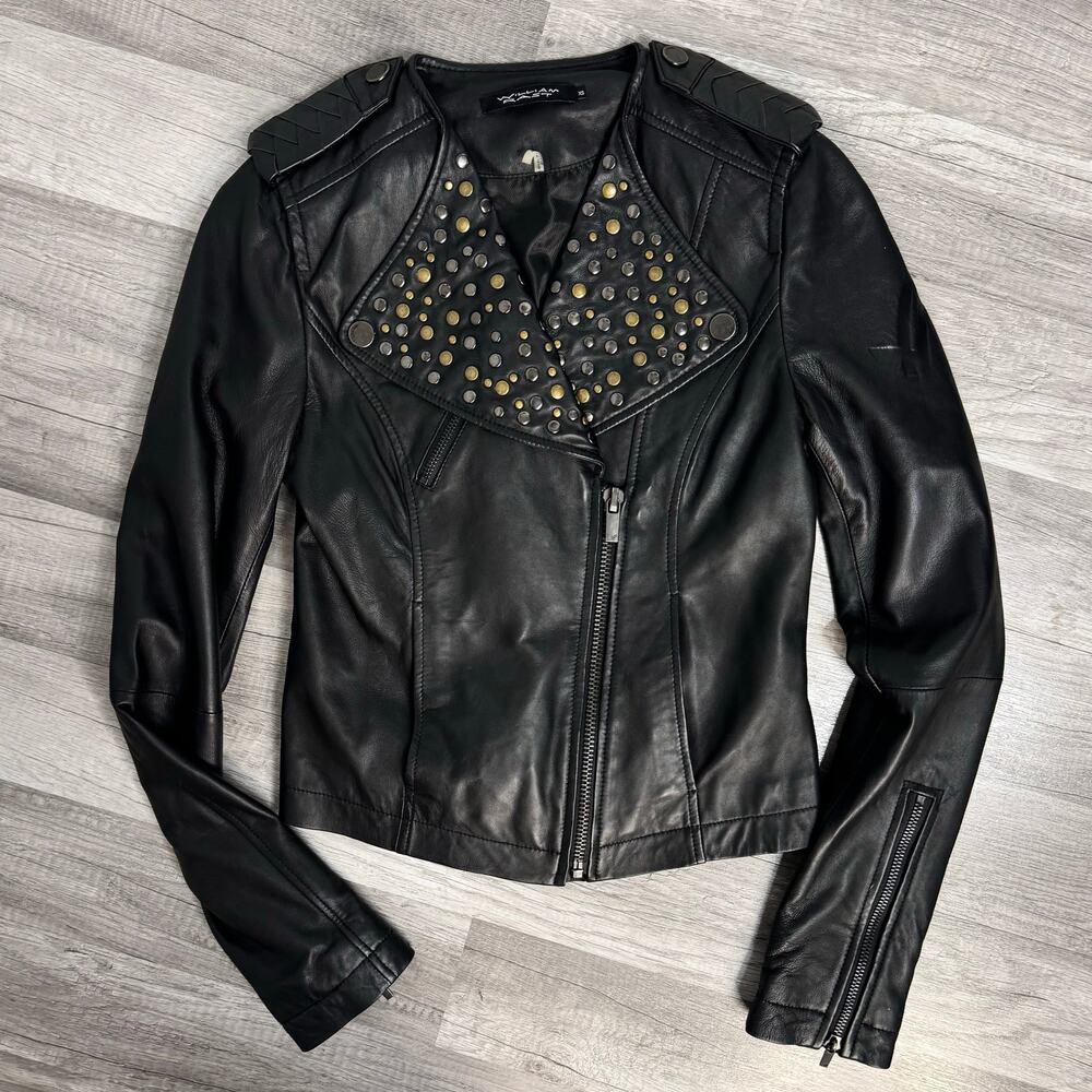 William Rast Studded Genuine Leather Moto Jacket Black Size XS
